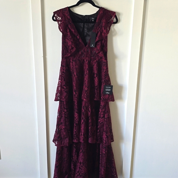 Lulus Molinetto Burgundy Lace Ruffled Tiered Sleeveless Dress Small New - Picture 3 of 4